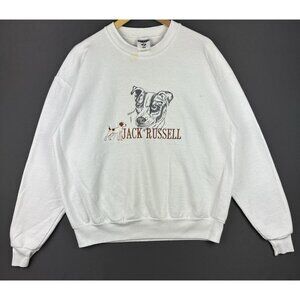 Vintage 90s Jack Russell Dog Animal Pet Art White Crewneck Large